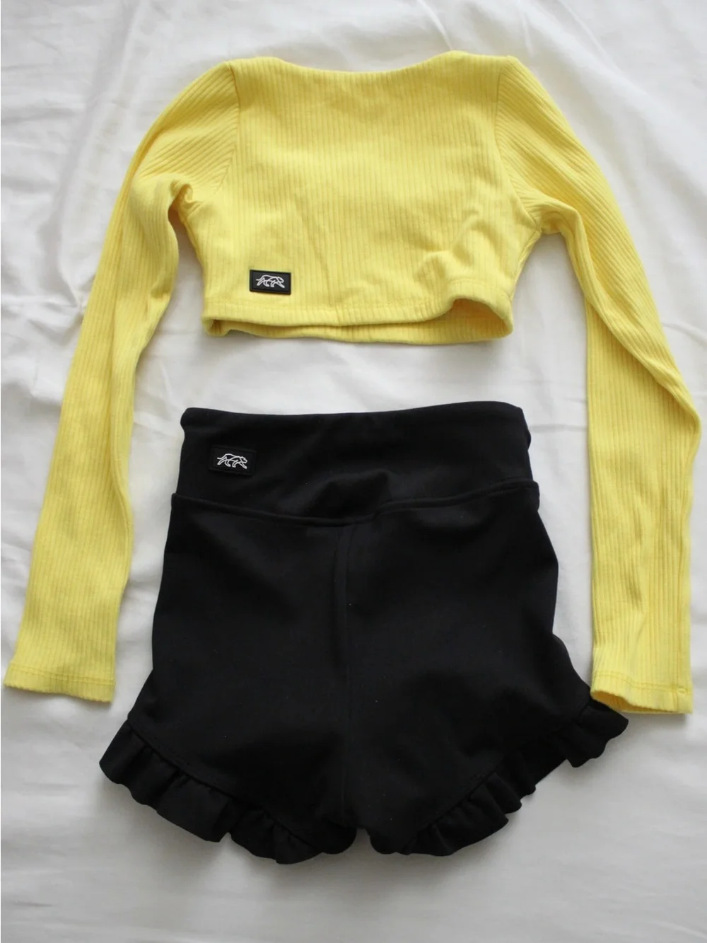 Tiger Friday Ribbed Yellow Top with Black Ruffle High-Waist Shorts